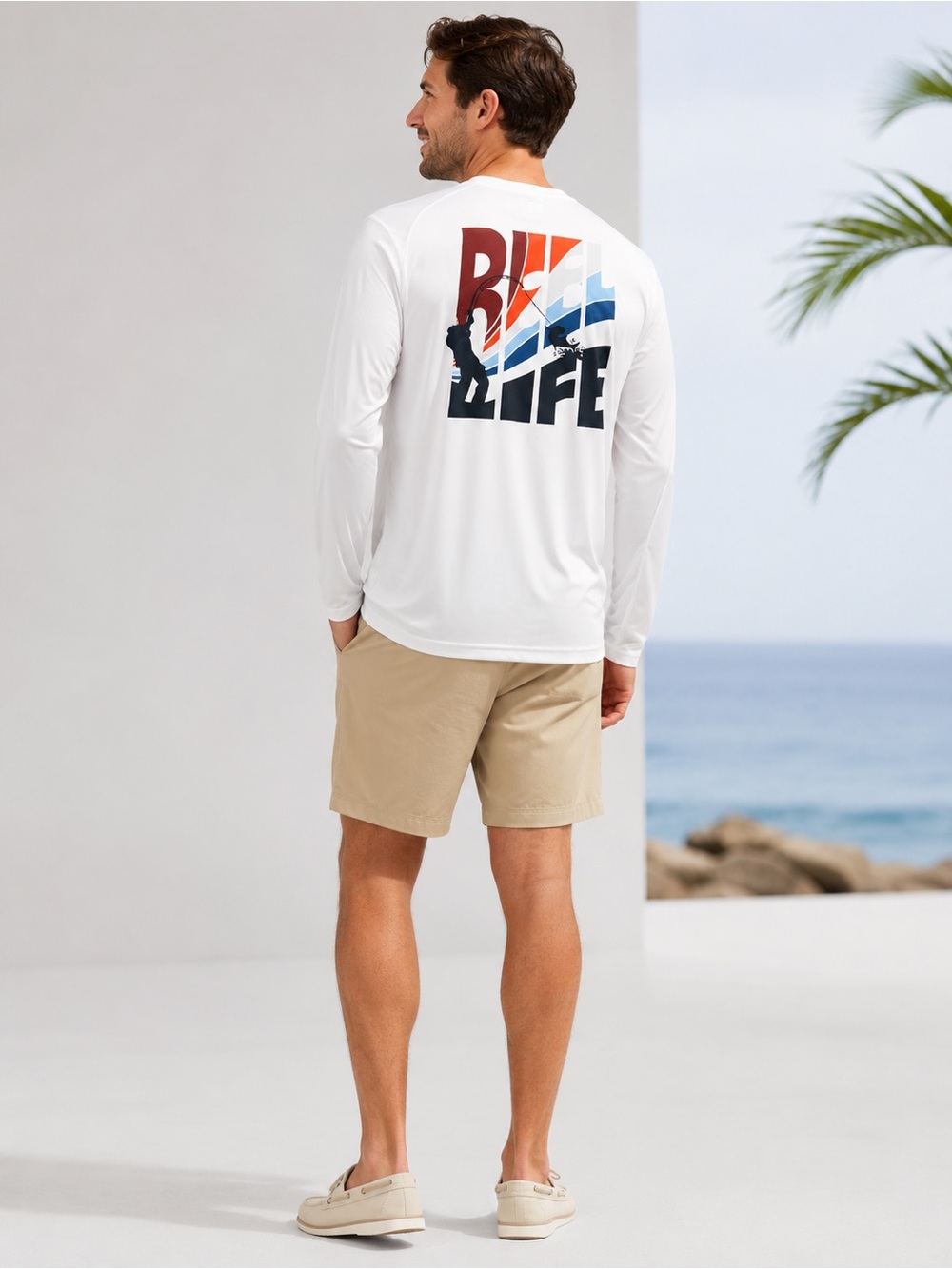 Men's White Long-Sleeve Graphic Beach Rash Guard
